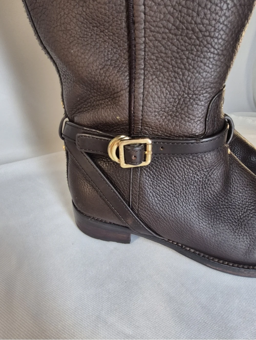 Tory Burch Teresa Women's 9M Riding Boots Brown Pebbled Leather Gold Ligo Buckle